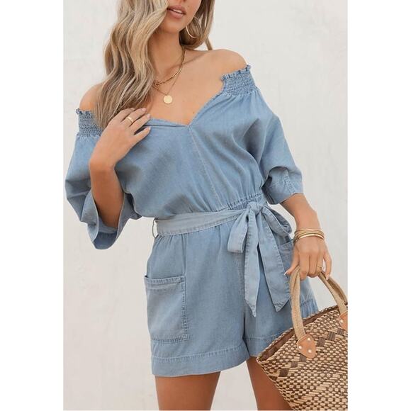 Women Summer Jumpsuit Rompers V Neck Short Sleeve Belt Denim Romper with Pockets - Picture 3 of 3